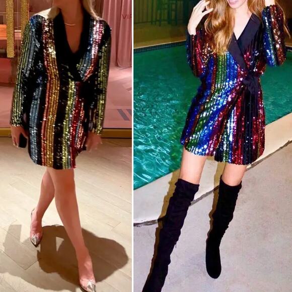 NWT RAGA Charlize Rainbow Multicolor Sequin Blazer Wrap Mini Dress Small - Picture 1 of 10